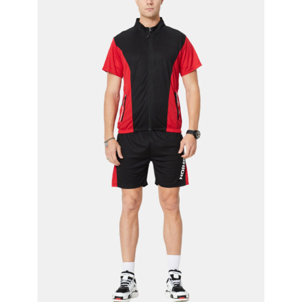 Mens Jogging Letter Print Patchwork Zipper Mesh Net Top & Shorts PSSTS-060422 - Image 3