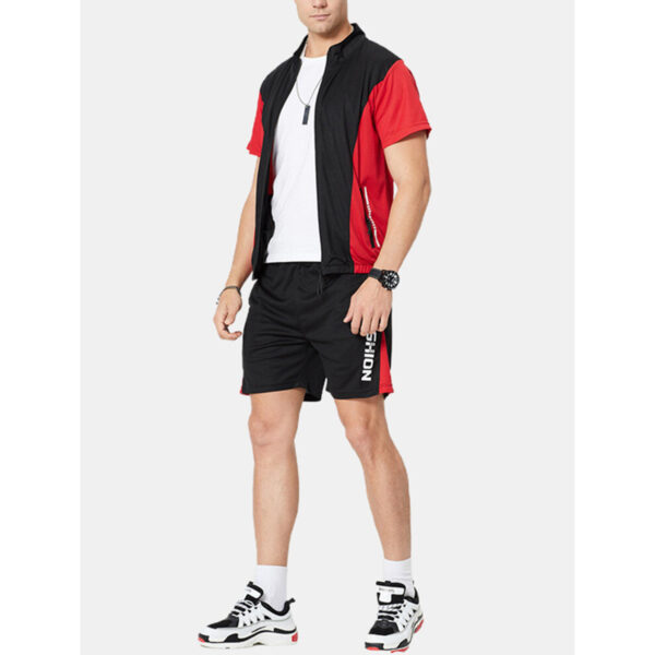 Mens Jogging Letter Print Patchwork Zipper Mesh Net Top & Shorts PSSTS-060422 - Image 4